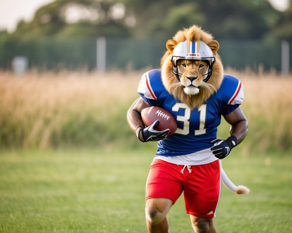 Muscular Athlete in Lion Mask on Grassy Field