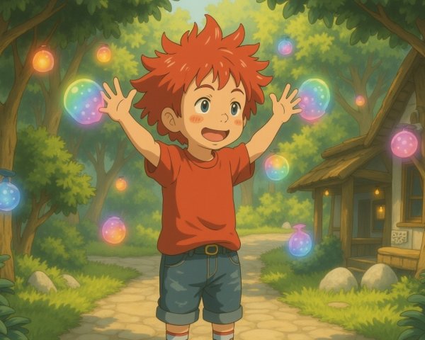 Cheerful boy with red hair on a scenic path with bubbles