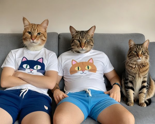 Playful Scene of People and Cats on a Gray Couch