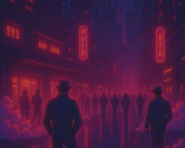 Neon Cityscape with Fog and Silhouetted Figures