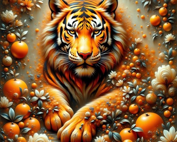 Majestic tiger amidst vibrant orange blossoms and fruit