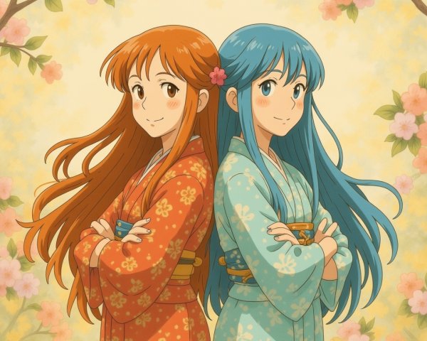 Animated Girls in Colorful Kimonos Surrounded by Blossoms