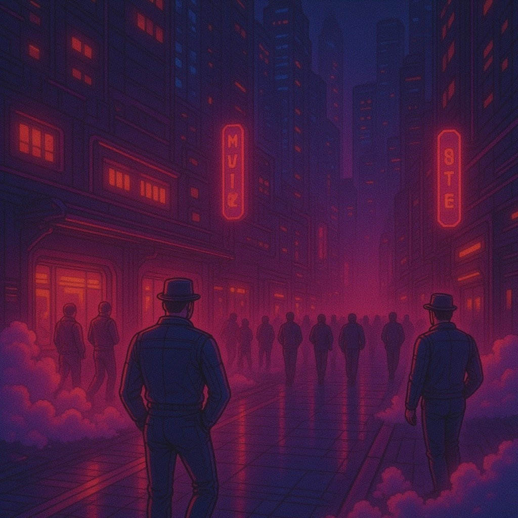 Neon Cityscape with Fog and Silhouetted Figures