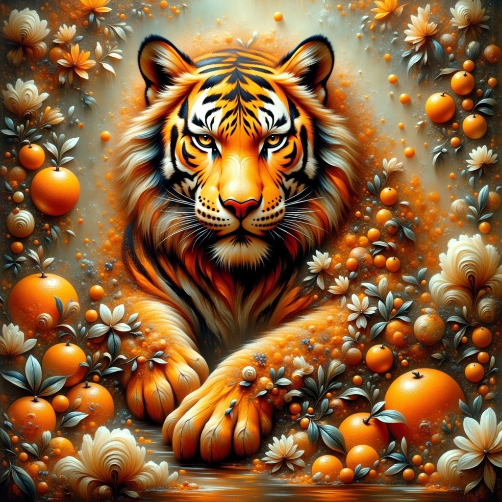 Majestic tiger amidst vibrant orange blossoms and fruit
