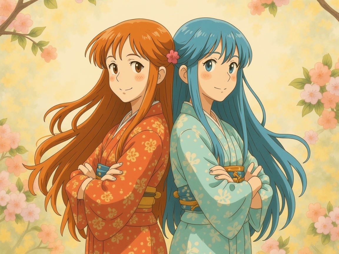 Animated Girls in Colorful Kimonos Surrounded by Blossoms