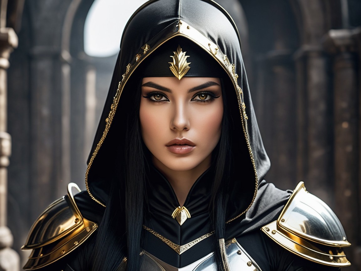 Female figure in dark cloak with ornate armor