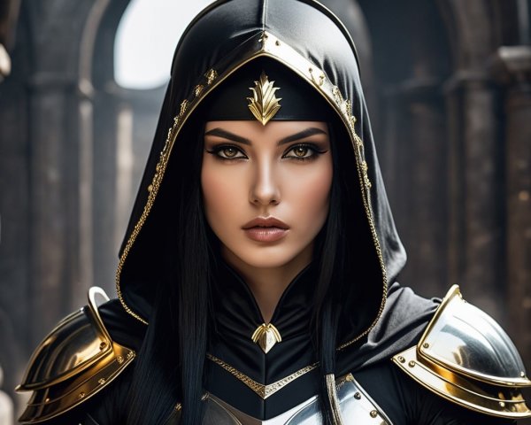Female figure in dark cloak with ornate armor