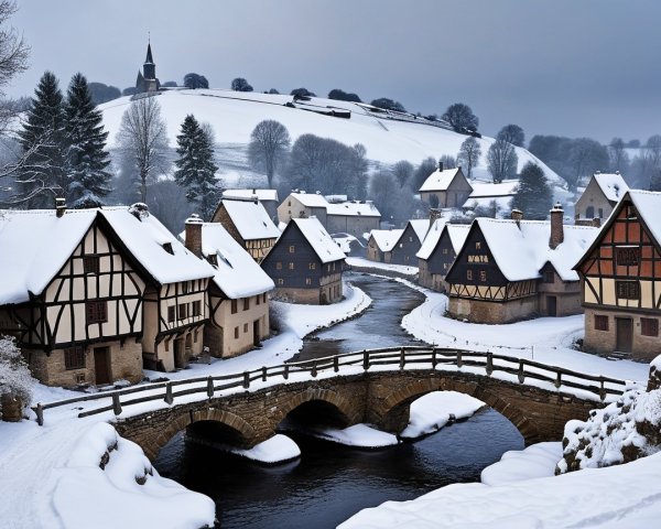 Snowy Village with Half-Timbered Houses and River