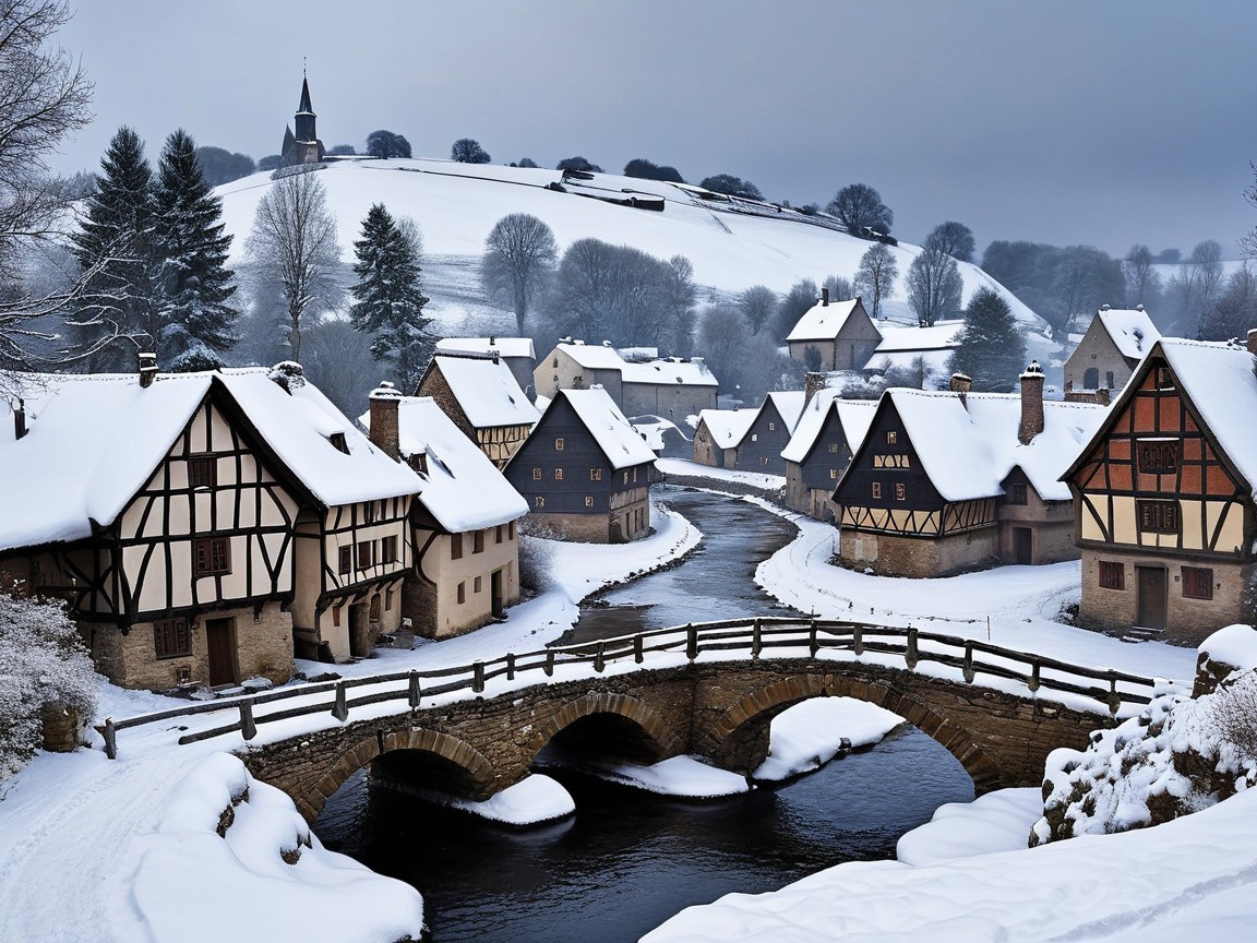 Snowy Village with Half-Timbered Houses and River