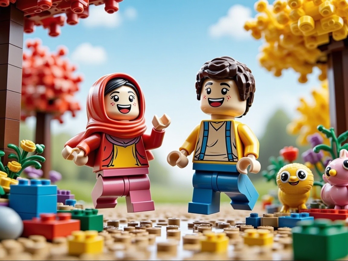 Cheerful LEGO figures in a colorful autumn park