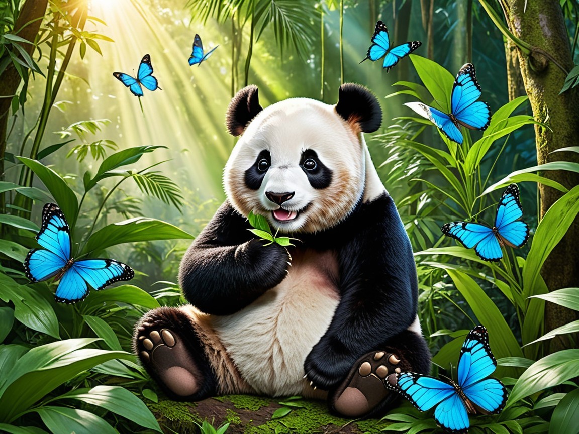 Panda in Jungle Surrounded by Butterflies and Foliage