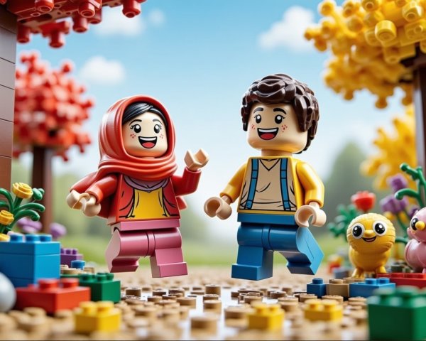 Cheerful LEGO figures in a colorful autumn park