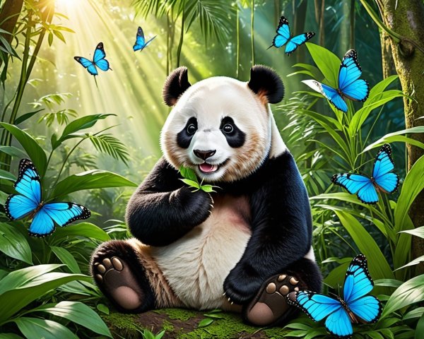 Panda in Jungle Surrounded by Butterflies and Foliage