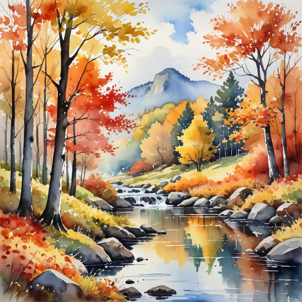 Serene Autumn Landscape with Stream and Vibrant Foliage