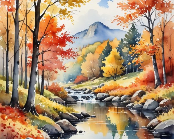 Serene Autumn Landscape with Stream and Vibrant Foliage