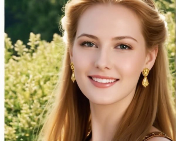 Portrait of a Woman with Blonde Hair and Greenery Background