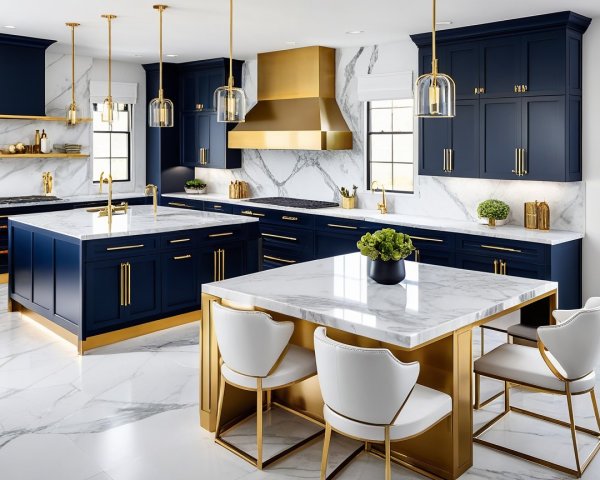 Navy Blue Kitchen with Gold Accents and Marble Touches