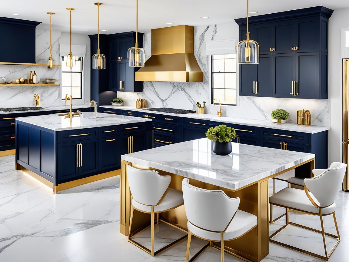 Navy Blue Kitchen with Gold Accents and Marble Touches