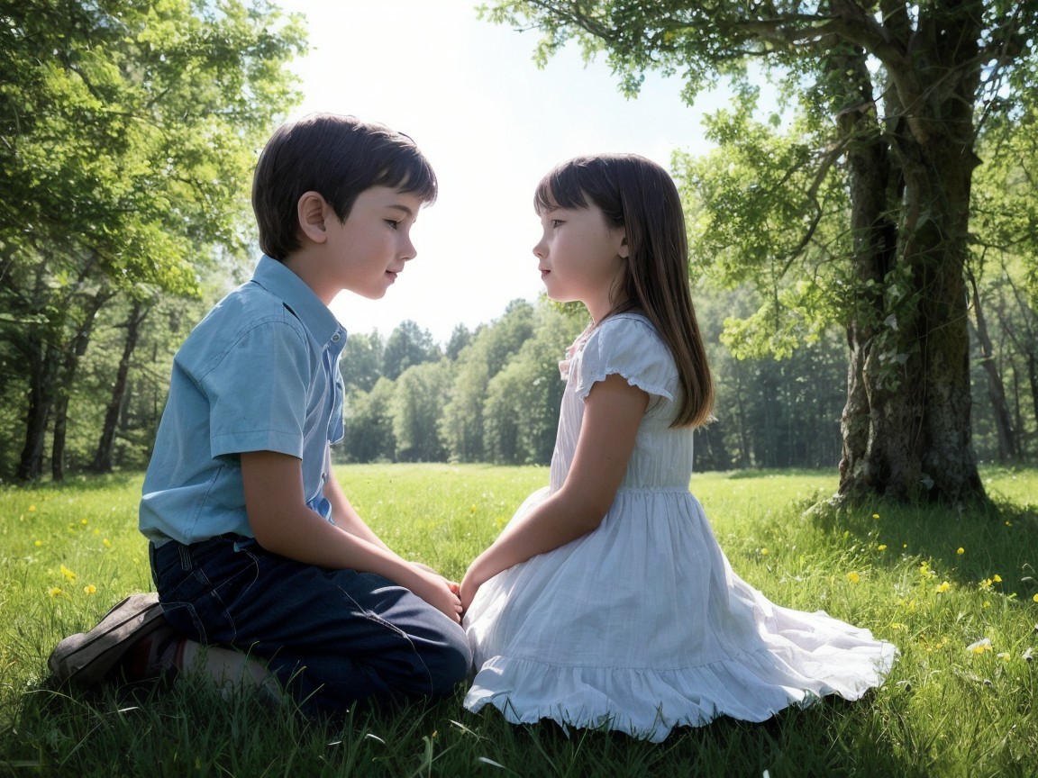 Boy and girl on green lawn under sunlight