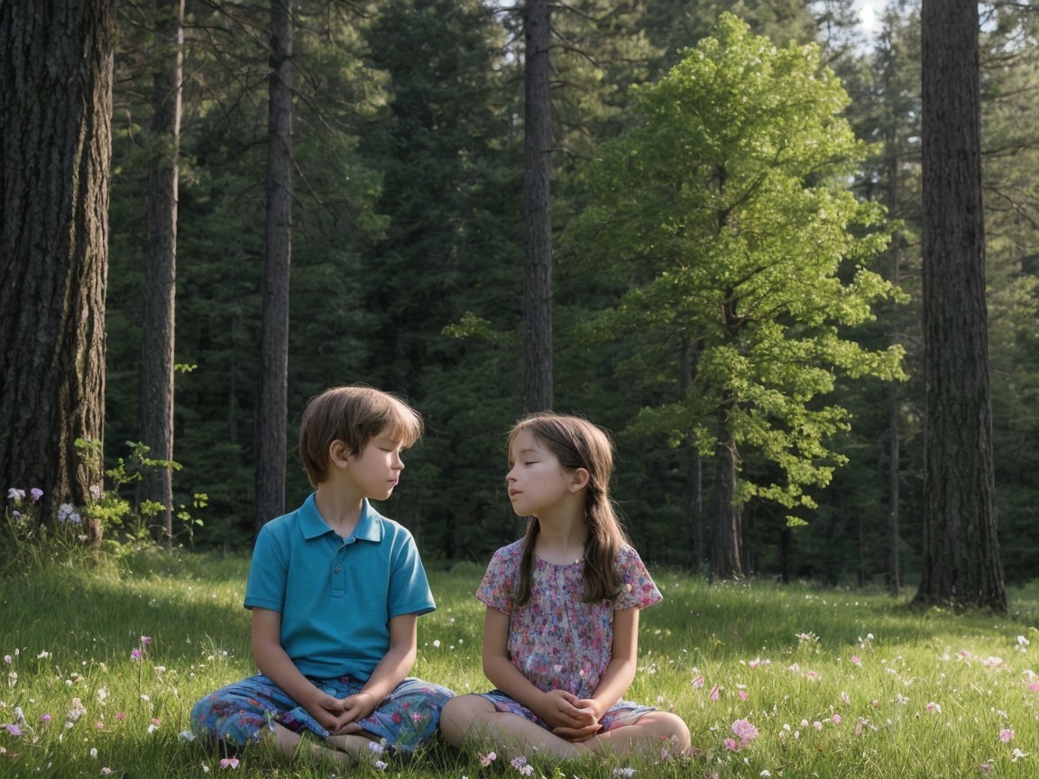 Children in a sunlit forest clearing with wildflowers
