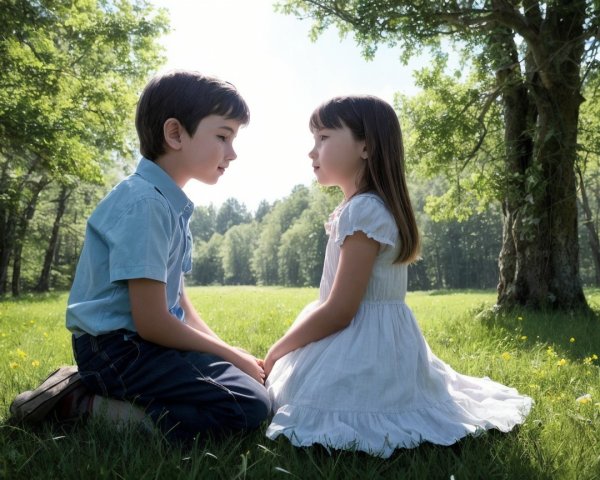 Boy and girl on green lawn under sunlight