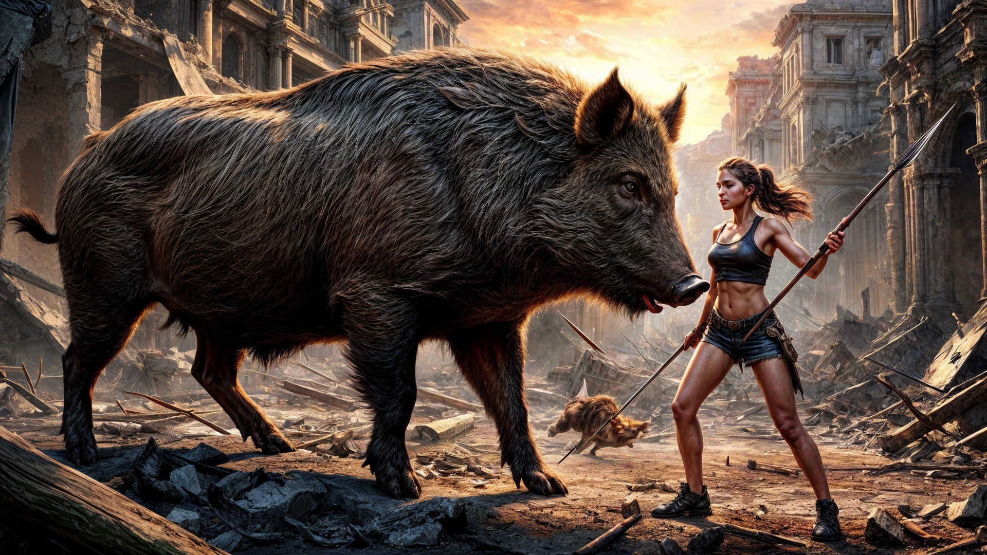 Muscular Woman Faces Wild Boar in Ruined City Sunset