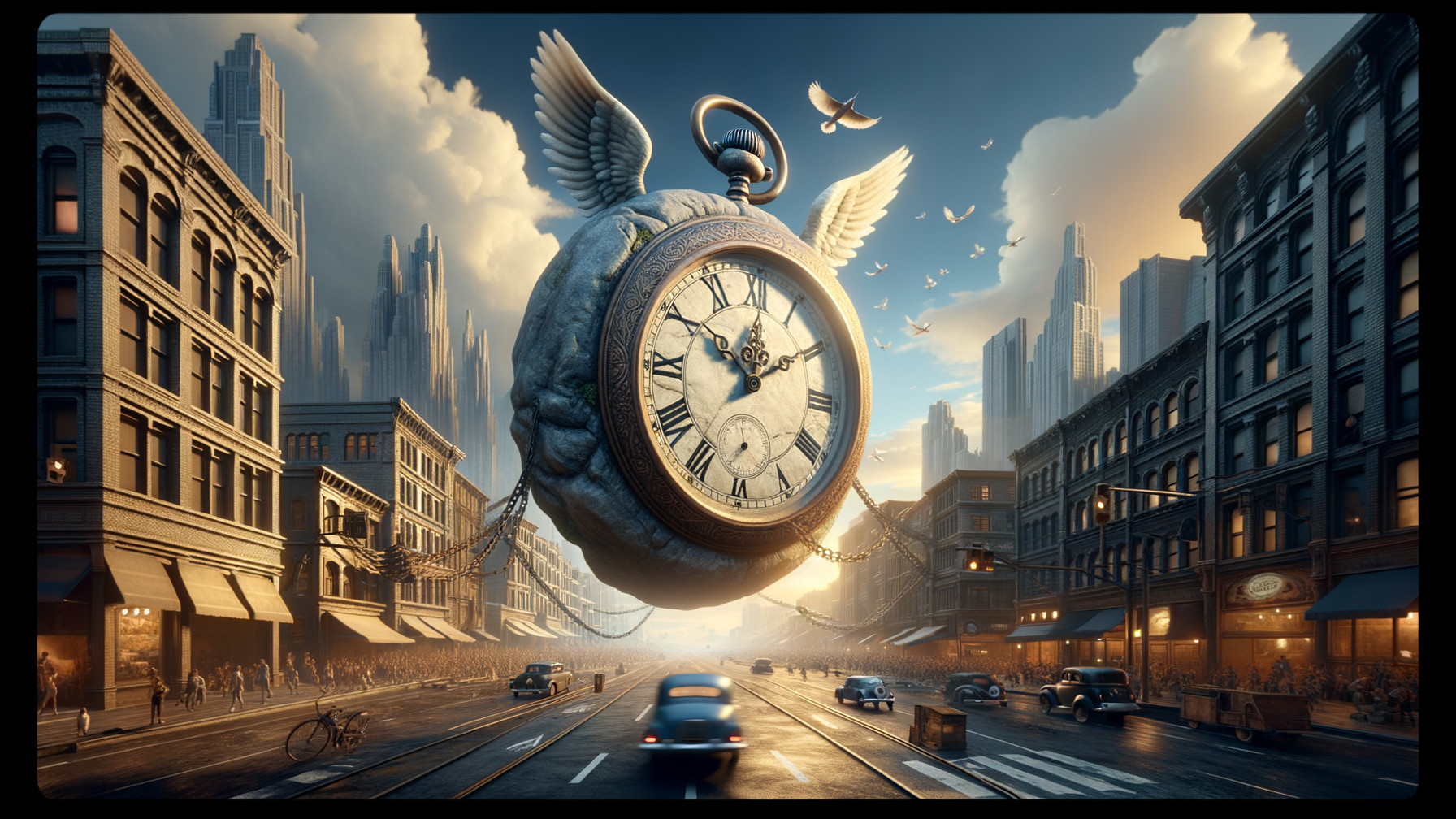 Surreal Cityscape with Floating Winged Pocket Watch