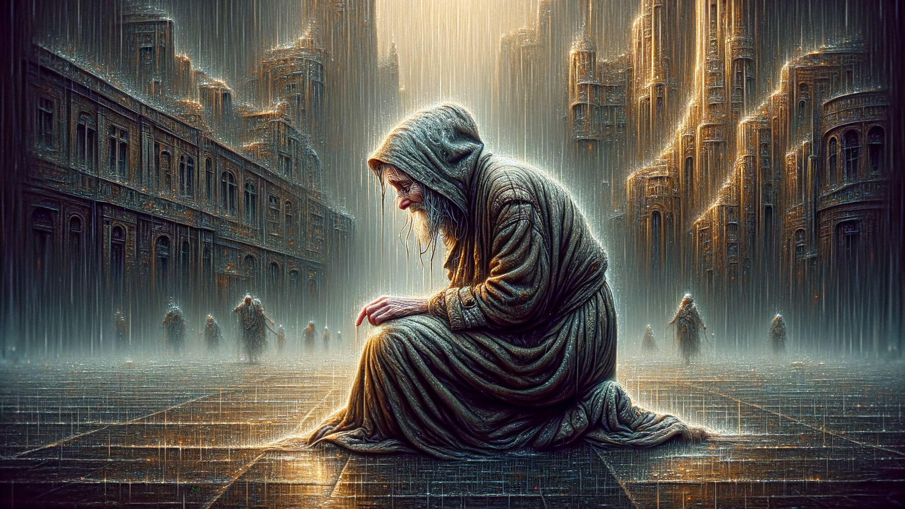 Kneeling Figure in Rainy, Melancholic Cityscape