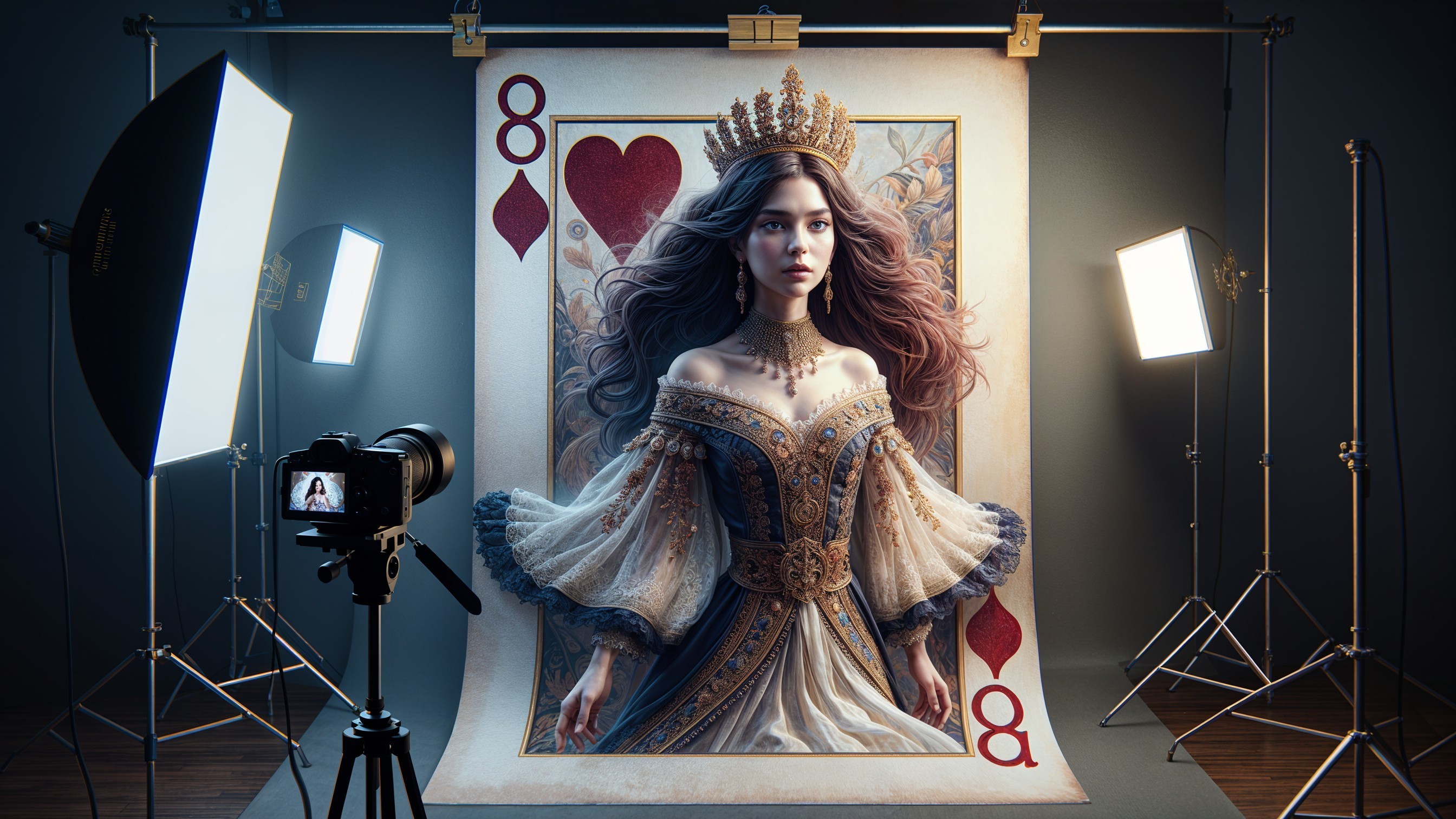 Ethereal Queen Figure with Eight of Hearts Background