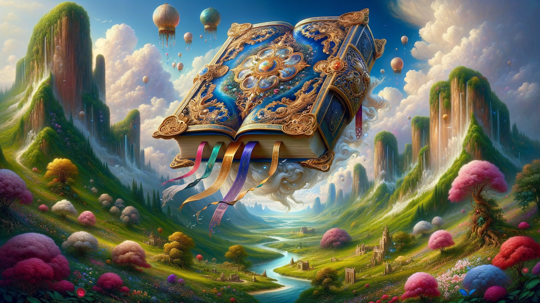 Oversized Book in a Colorful Enchanted Landscape