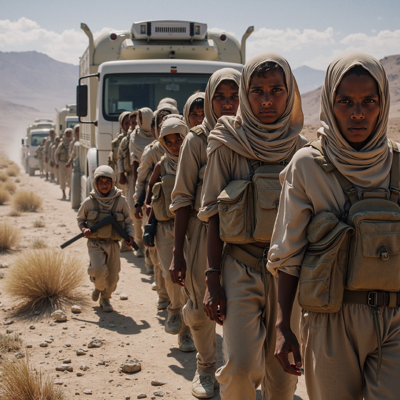 Young Individuals in Military Uniforms in Dusty Landscape