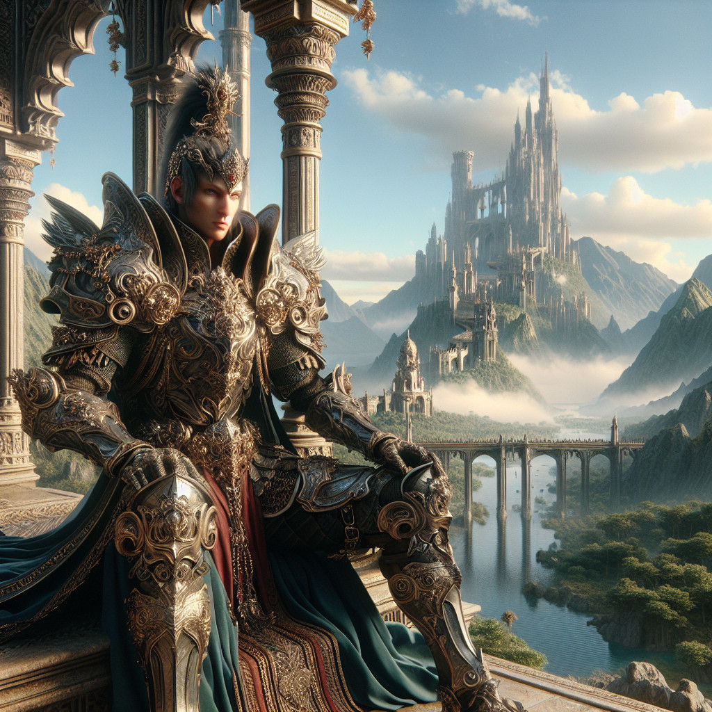 Regal figure in ornate armor on a stone throne