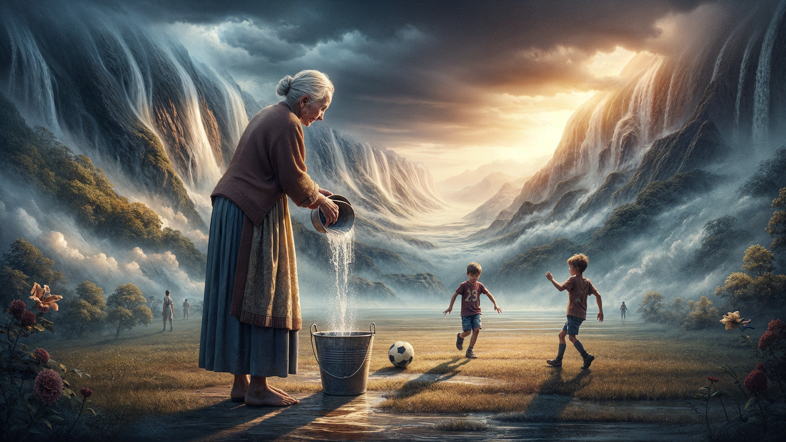 Surreal Landscape with Generational Connection and Joy