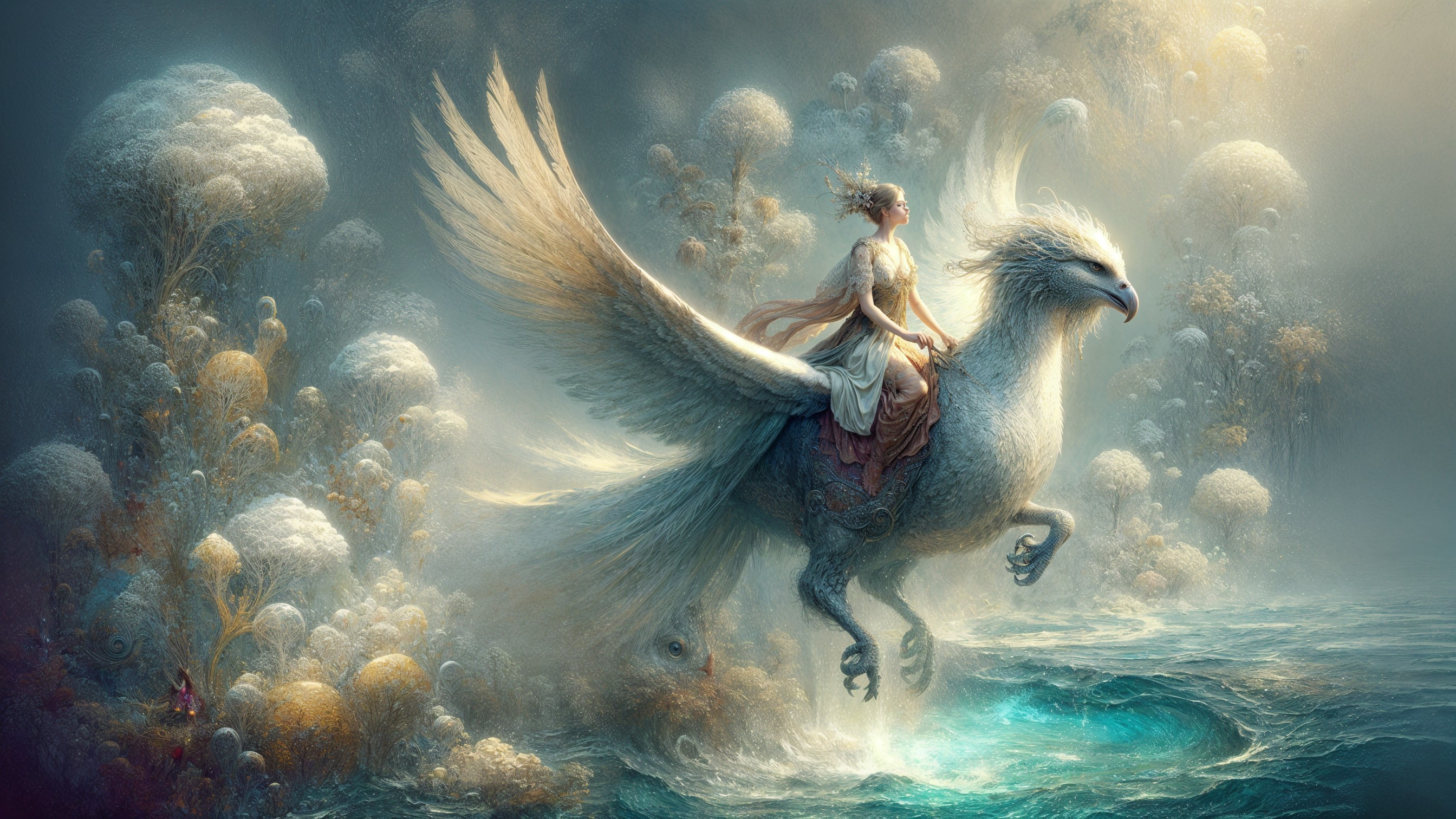 Regal Figure Riding a Griffin in Dreamlike Landscape