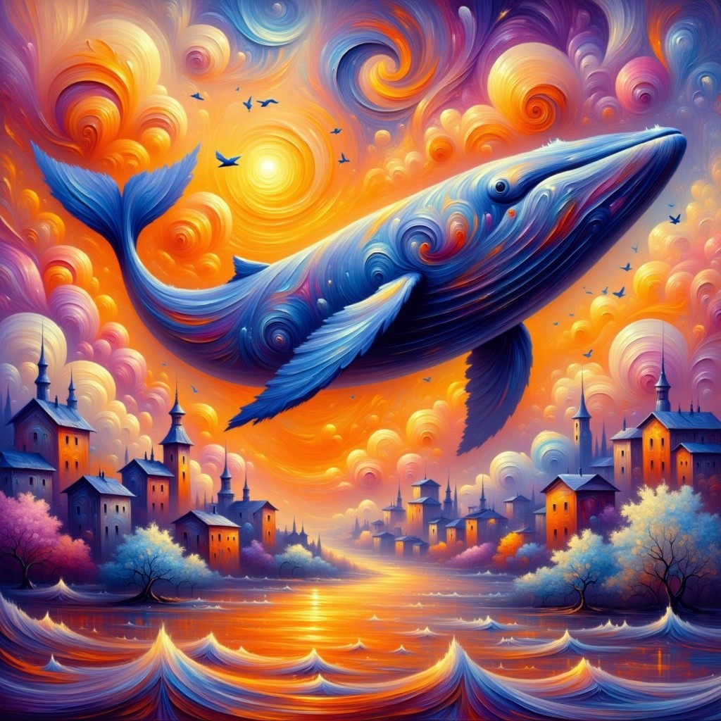 Whale in Colorful Sky Over Enchanting Cityscape