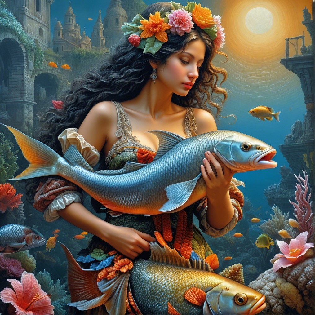 Underwater Realm with Woman and Colorful Marine Life