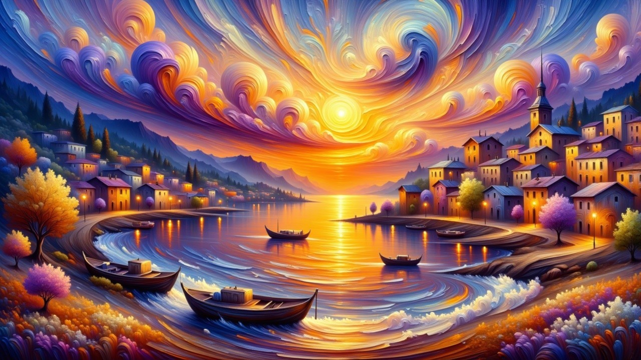 Vibrant Sunset Over a Serene Lakeside Village