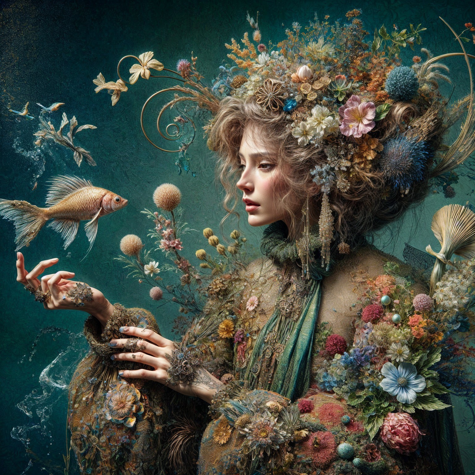 Ethereal figure surrounded by flowers and foliage