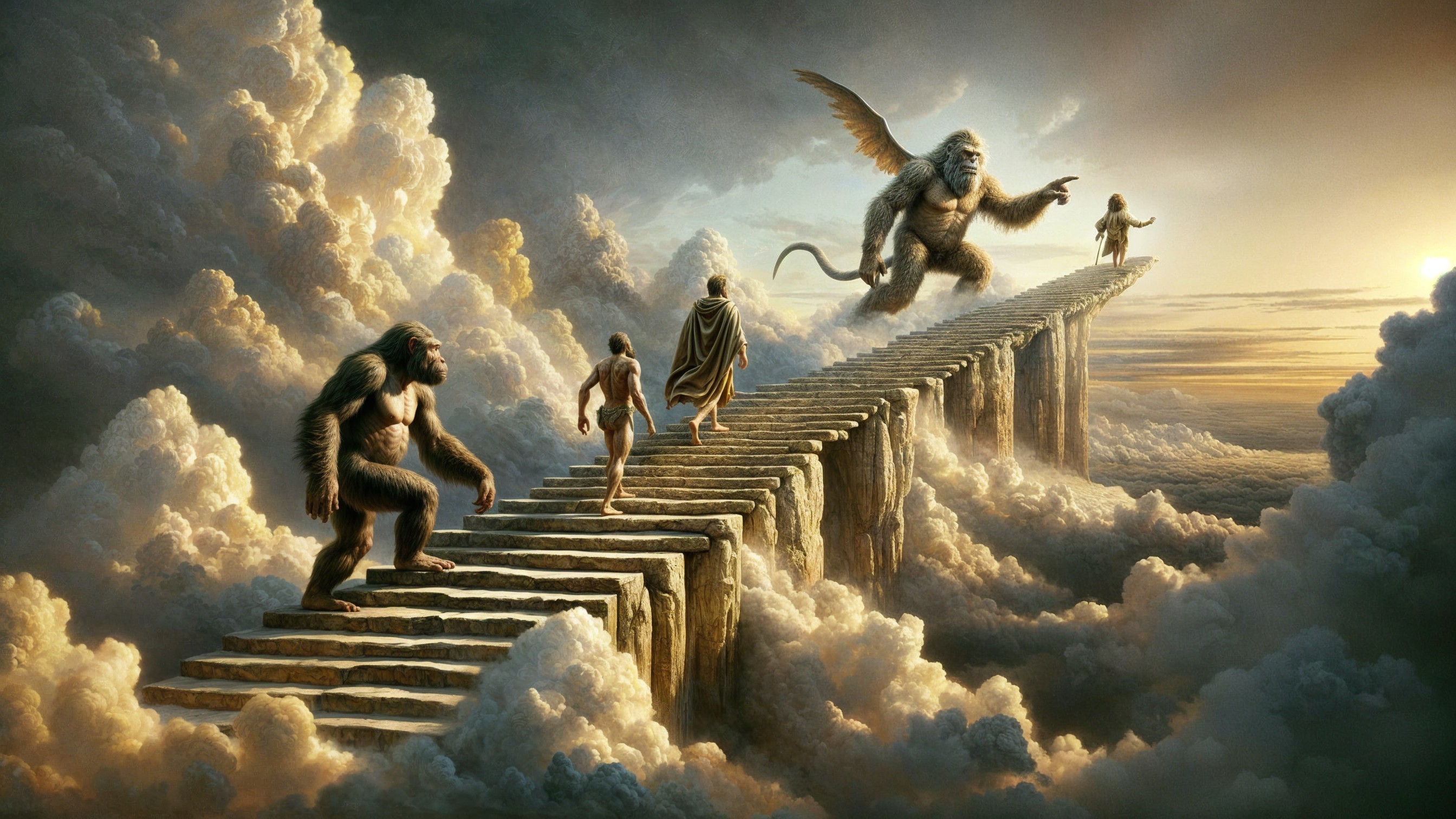 Surreal Staircase Scene with Figures and Winged Creature