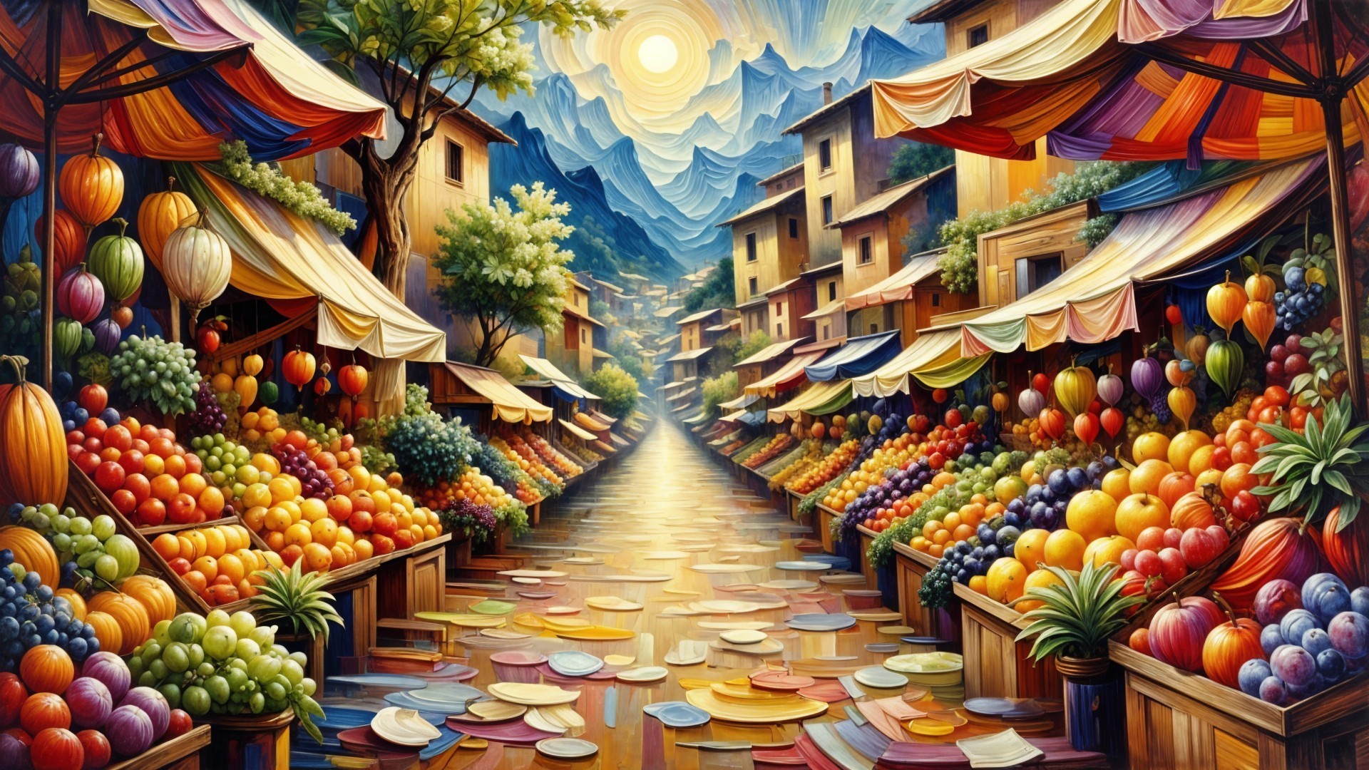 Vibrant Marketplace with Colorful Stalls and Mountains
