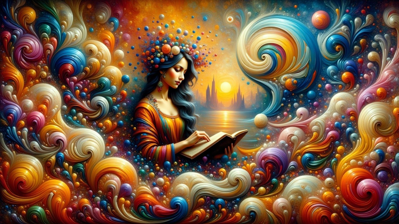 Serene Woman Reading Amidst Vibrant Sunset Landscape