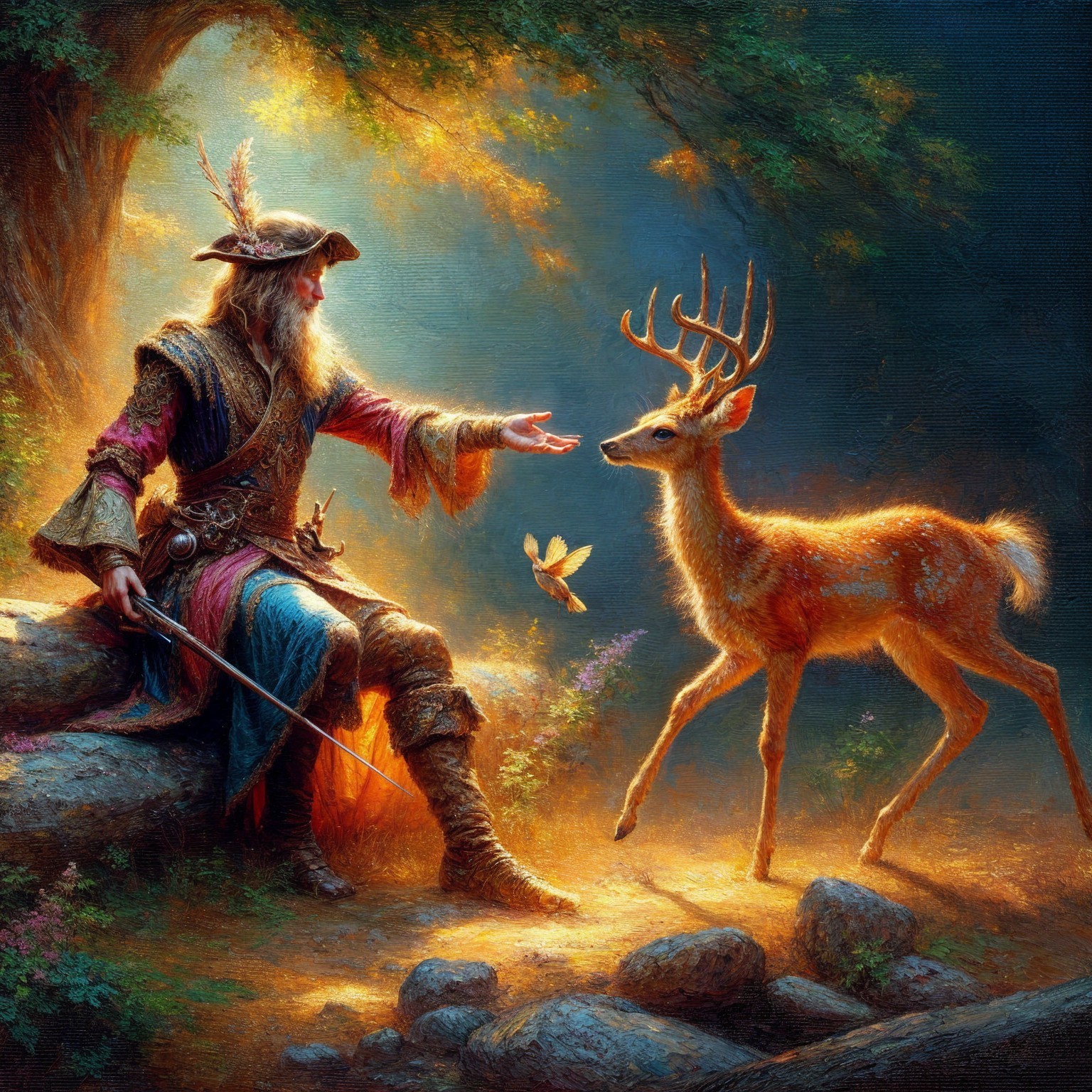 Magical Forest Scene with Wise Figure and Deer