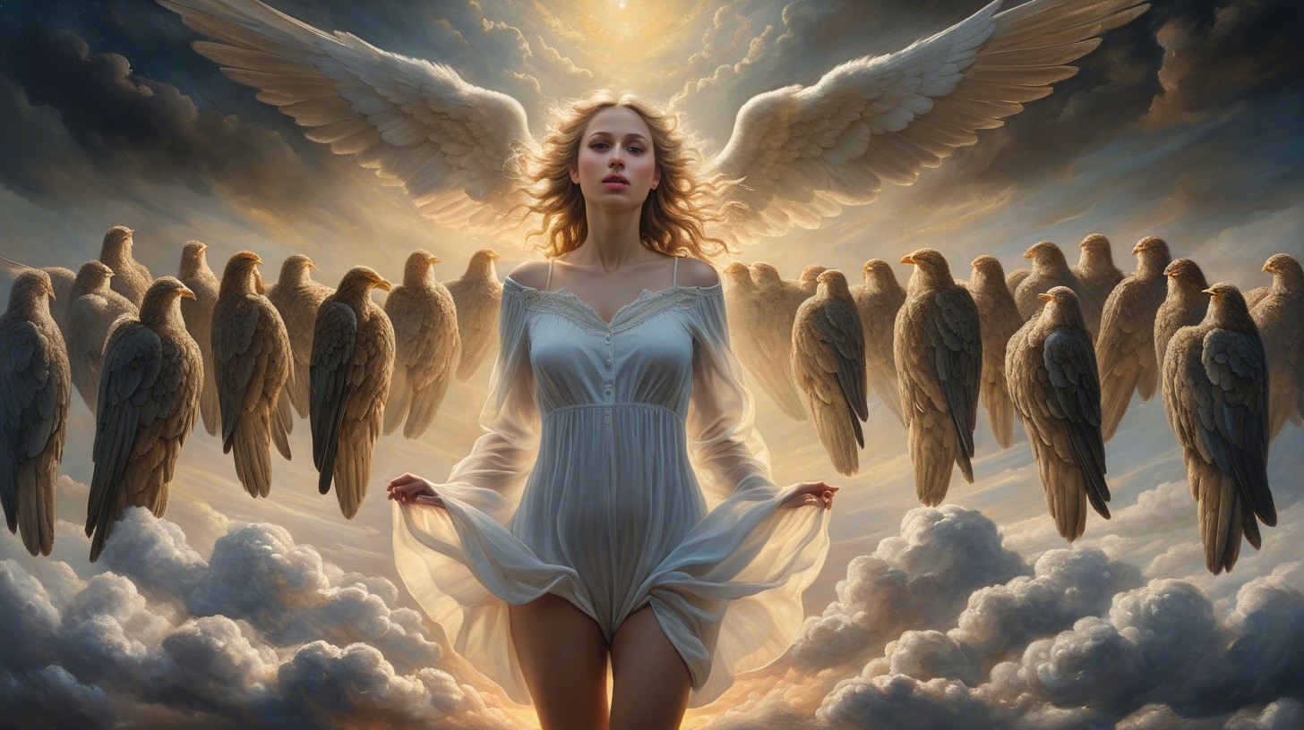 Woman in White Dress with Wings and Birds in Sky