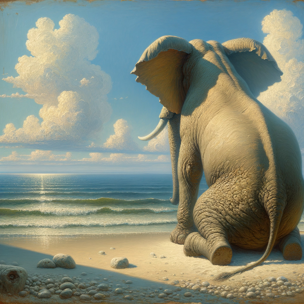 Elephant on Sandy Beach with Tranquil Ocean View