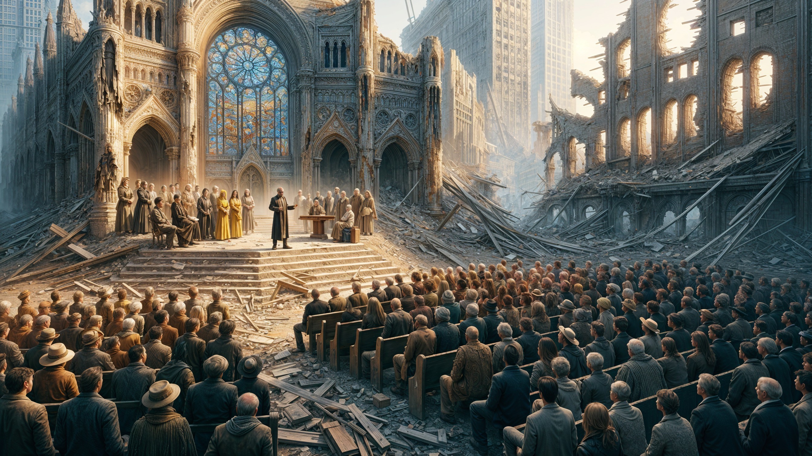 Gathering in a Ruined Cathedral Amidst Skyscrapers