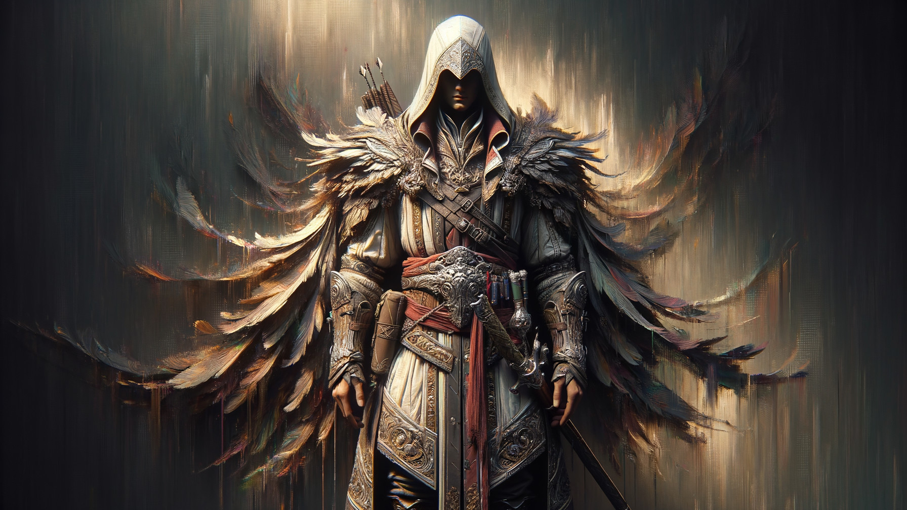 Mysterious Figure in Hooded Robe with Feathers