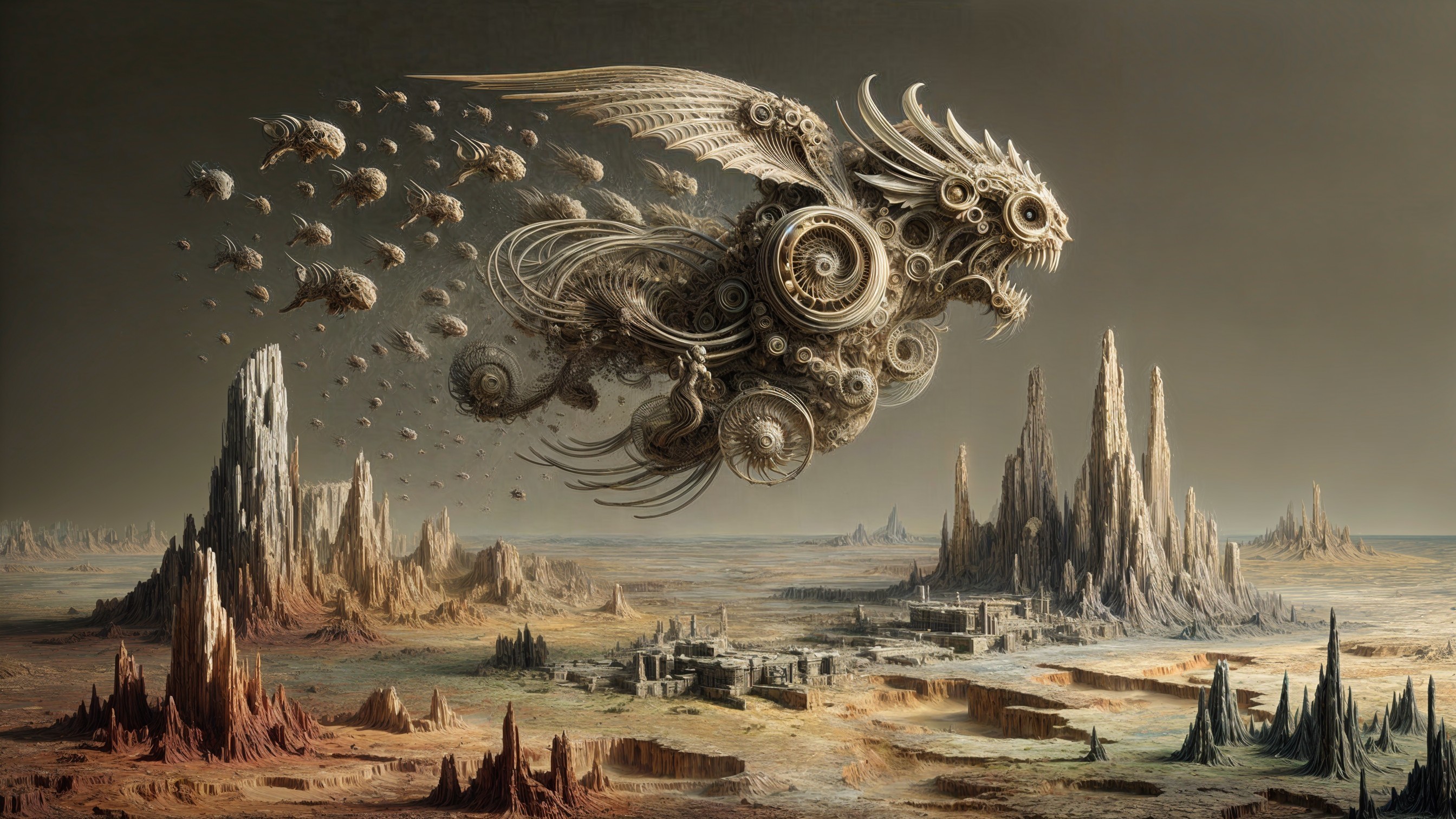 Surreal landscape with mechanical dragon and fish