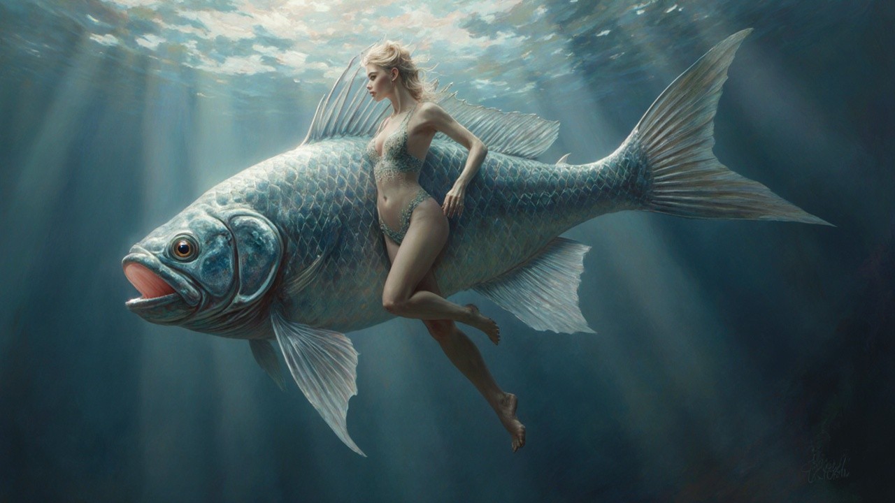 Whimsical Underwater Scene with Woman and Giant Fish
