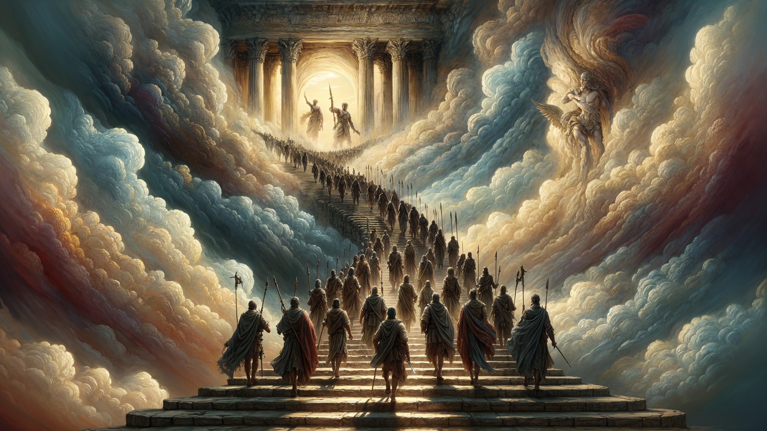 Grand Staircase Ascending to Ethereal Light and Pillars