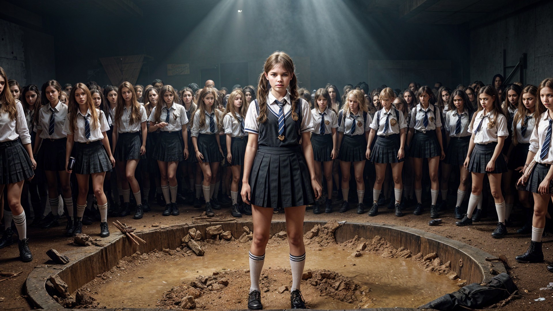 Girl in School Uniform Surrounded by Watchful Peers